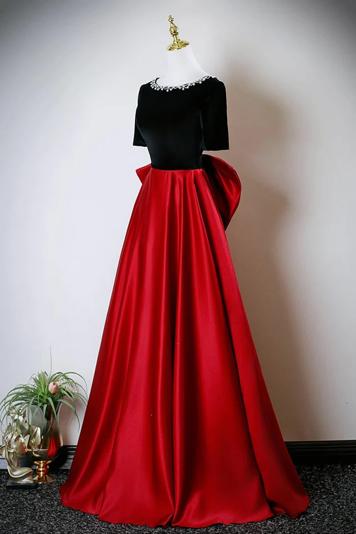 Black Velvet and Red Satin Long Prom Dress, Elegant A-Line Evening Party Dress